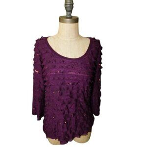 Slinky Brand Size XS Purple Ruffle Sequin STRETCH 3/4 Sleeve Top Blouse